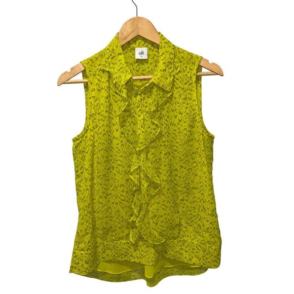 Cabi Reign Blouse Chartreuse Yellow Size Small Ruffled Button Front Sleeveless - Picture 3 of 8